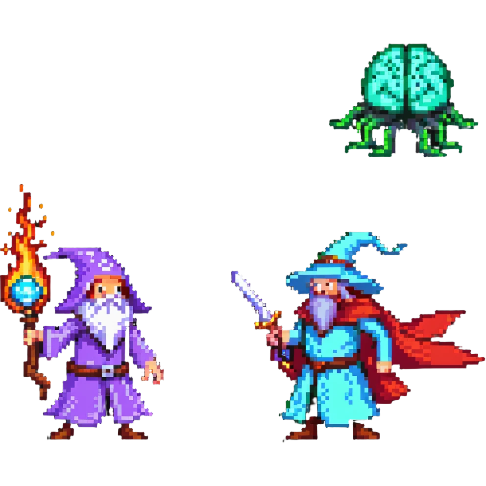 wizard and brain in a duel with animated spell effects emoji