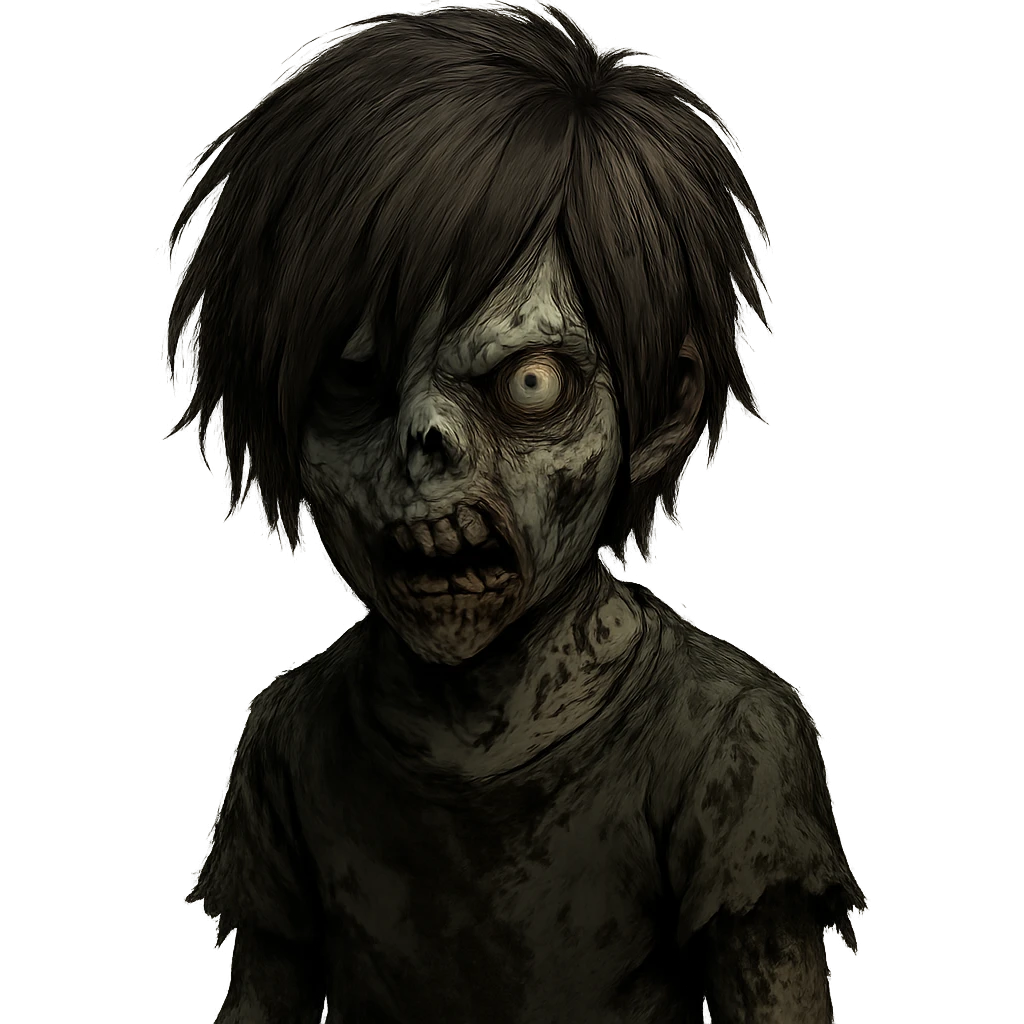 boy zombie with brown shaggy emo hair, medium length, dark and spooky, scary expression emoji