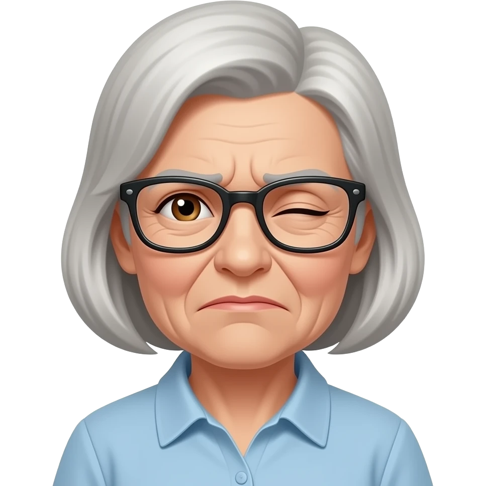 create an 72 year old dutch female patient with glasses one eye closed more than the other, frown and brown eyes emoji