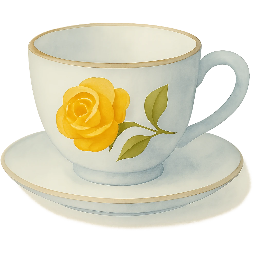 Add a gold rim to the light blue tea cup, make the cup a little shallower, and paint a yellow rose on the outside of the cup. Keep the dreamy, painterly watercolor art style with transparent background. emoji