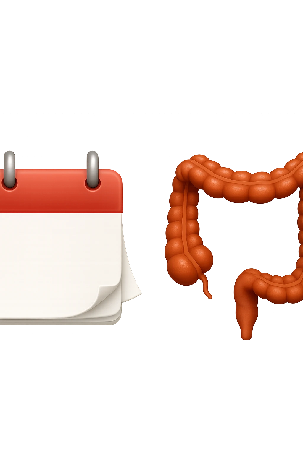 emoji stile iphone di un calendario con fogli che volano insieme a pezzi anatomici di colon umano, iperrealistico 4k, isolato su sfondo bianco emoji