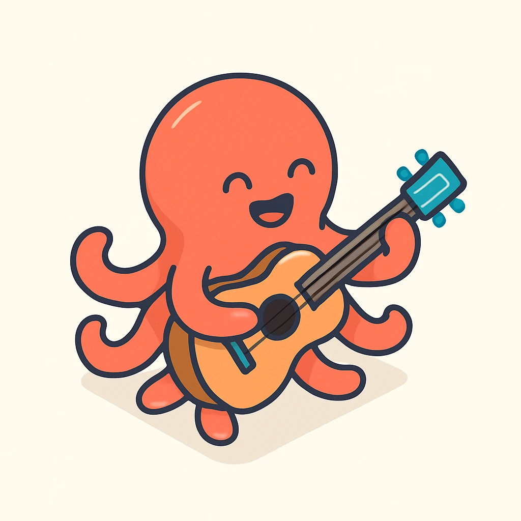 happy octopus with multiple arms playing guitar emoji