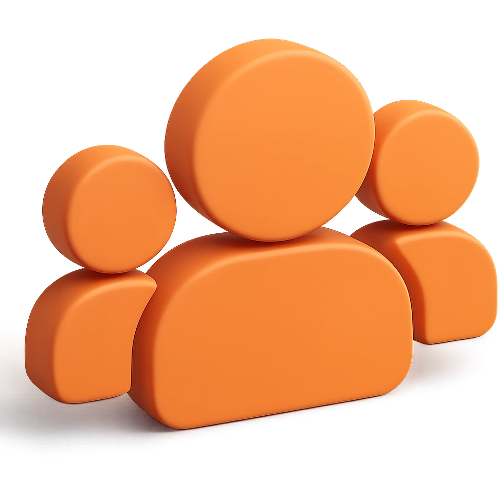 Increase the depth of the 3D effect on the silhouette of three people, maintaining the front view, solid shape without borders, and the orange color #fe6601, with a transparent background. emoji
