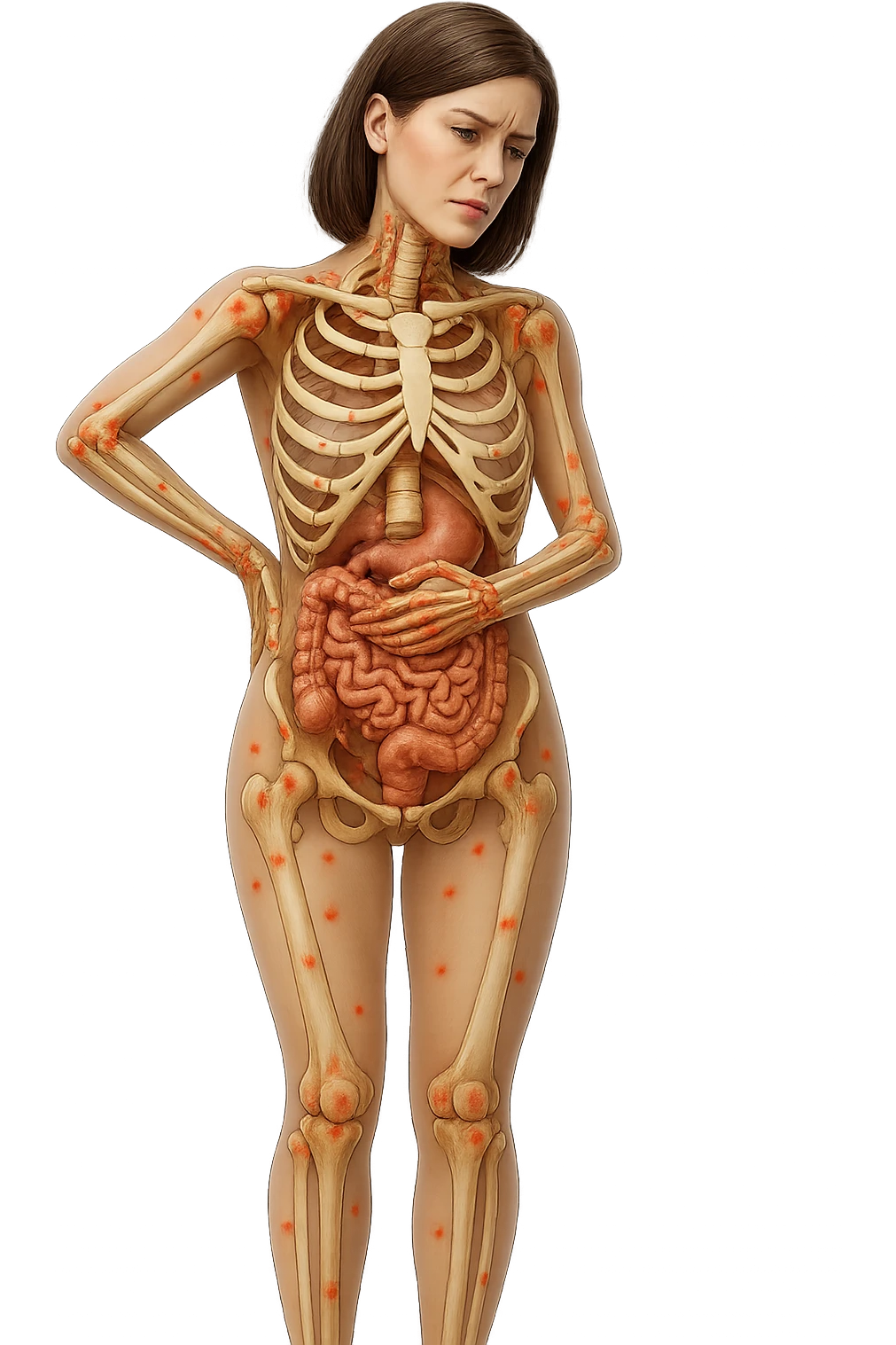donna realistica a figura intera con red spot sparsi alle ossa, ossa del corpo visibili sul corpo, non sul volto iperrealistico 4k emoji
