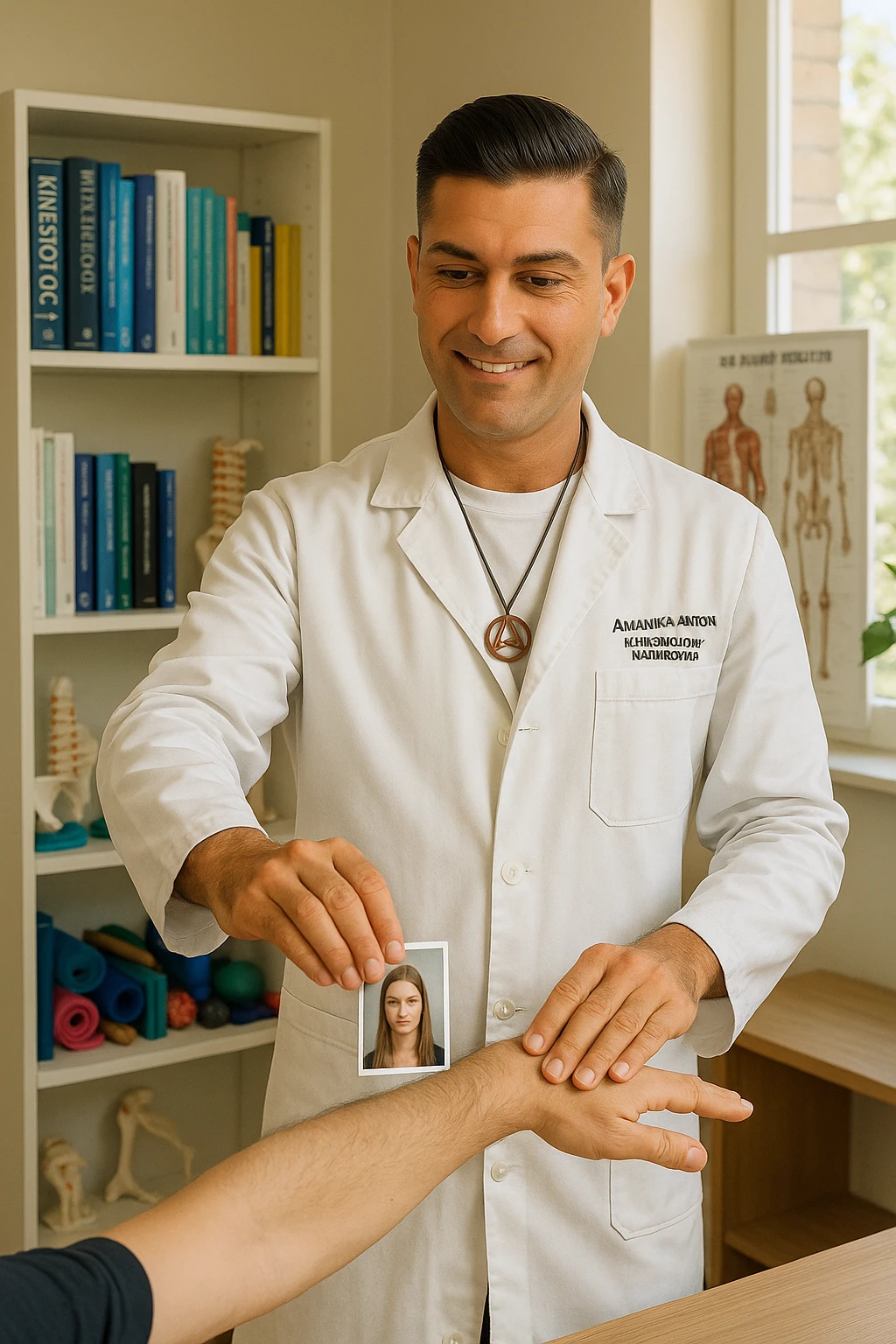 a middle-aged man, dressed in casual professional attire, is in a bright, organized therapy studio. Durante una visita di kinesiologia, il ragazzo tiene con una mano la foto di una persona lontana (il “testimone”) tiene la foto in mano, mentre con l’altra mano esegue un test muscolare su un cliente presente senza foto. Sullo sfondo si vedono libri di kinesiologia, poster anatomici e strumenti tipici della disciplina. L’atmosfera è concentrata e serena, con luce naturale che entra dalla finestra, sottolineando l’aspetto alternativo e umano della pratica. emoji