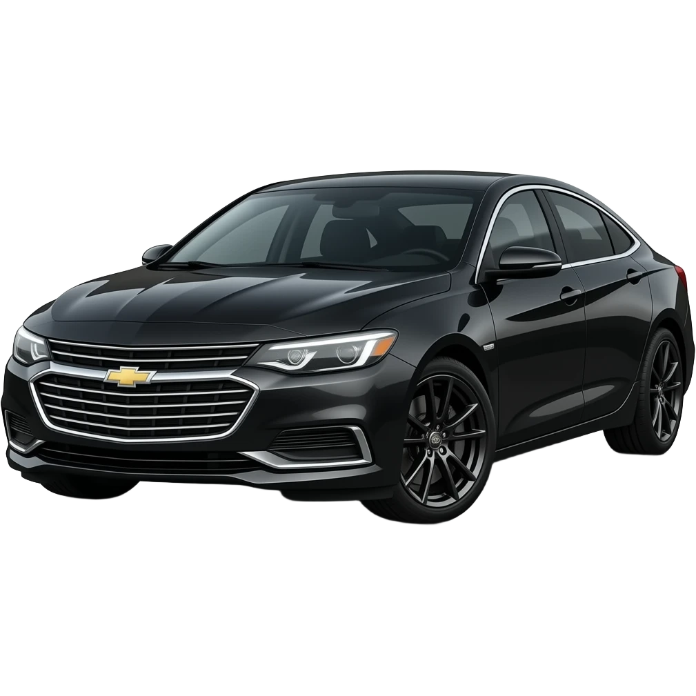A realistic, high-detail photograph of a glossy black Chevrolet Malibu 2 Turbo Premier sedan with tinted windows, bright featuring deep-glowing, intensely illuminated headlights on the front and black alloy rims. emoji