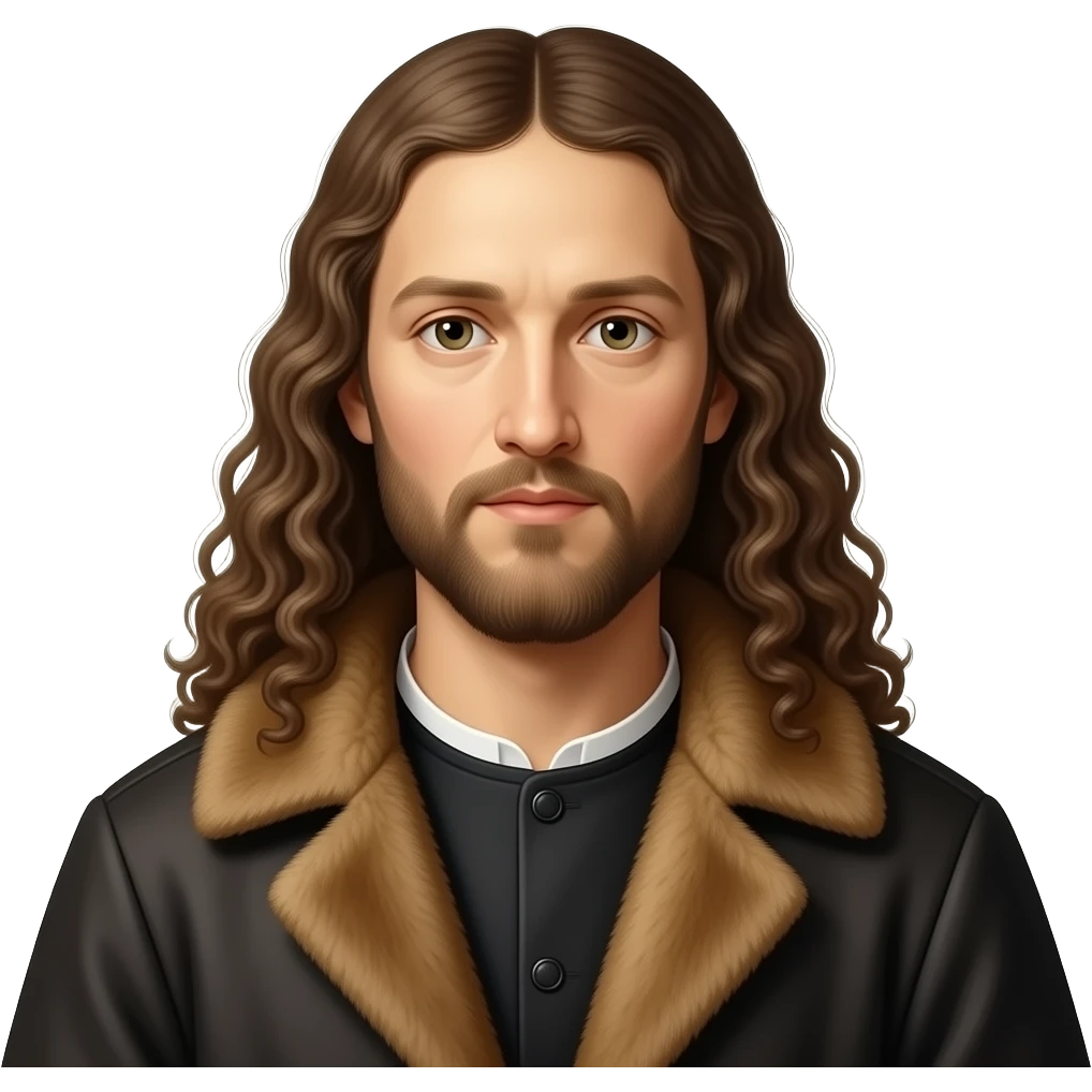 aesthetic divine lighting, oil paint - en face Albrecht Dürer Renaissance self-portrait with long curly hair in a coat with a fur collar, The self-portrait is considered remarkable because of its resemblance to contemporary representations of Christ emoji