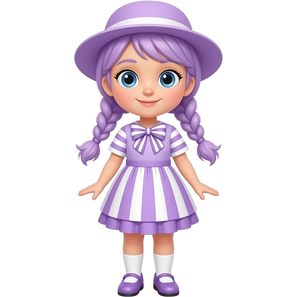 A girl with pale purple hair tied in two braids, and blue eyes and wearing a pale purple dress with pale purple and white striped sleeves, a pale purple and white striped skirt with a pale purple frill, a pale purple and white striped bow), a pale purple sun hat, white socks and pale purple shoes. emoji