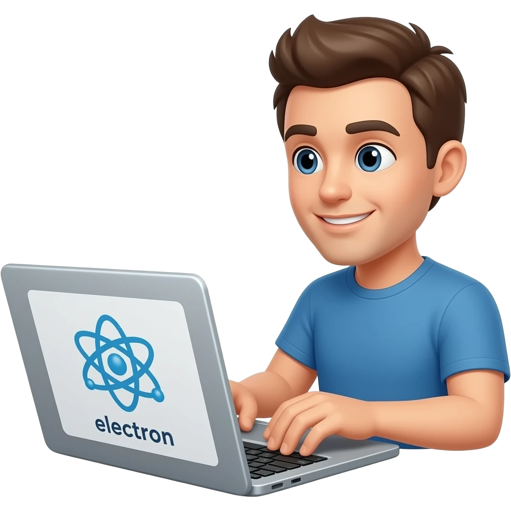 An ordinary web developer, sitting at a laptop, typing away; the laptop displays the “Electron” logo—a software framework featuring a blue atom. A minimalist image, based on the “Technologist Emoji” emoji