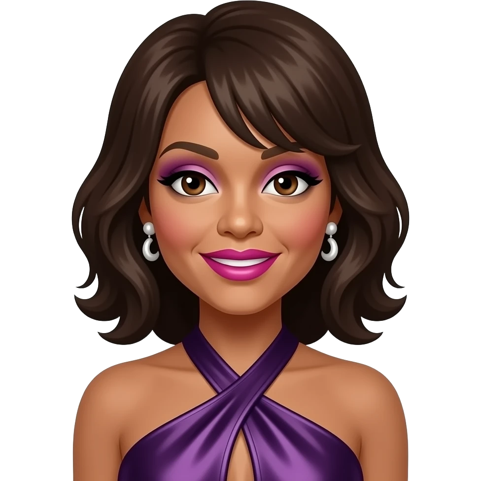 Whitney Houston with dark brown eyes, dark brown hair, lilac eyeshadow, hot pink lipstick, dark purple metallic halter dress, white earrings emoji