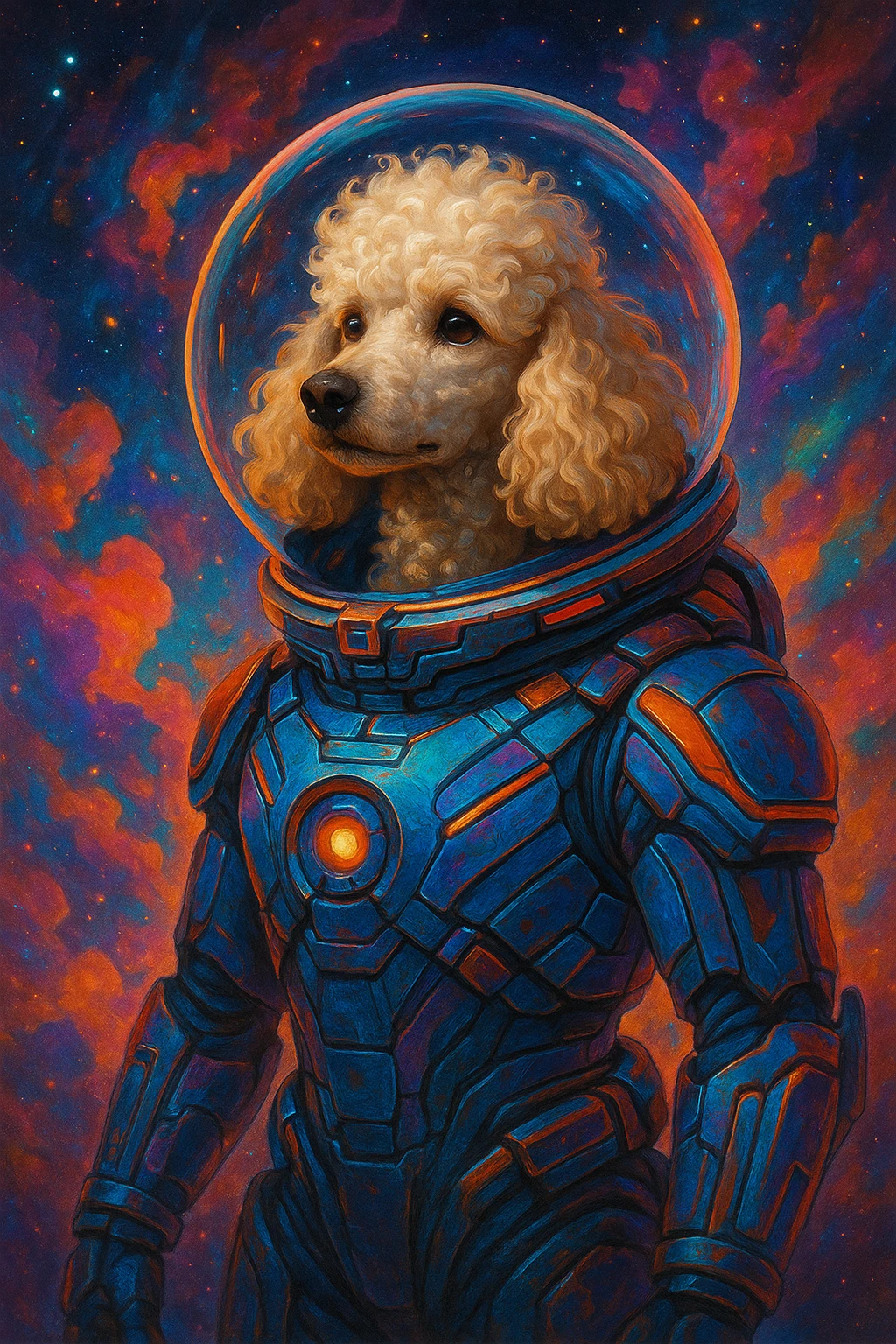 a poodle in a futuristic spacesuit, surrounded by colorful nebulae, stylized and vibrant emoji