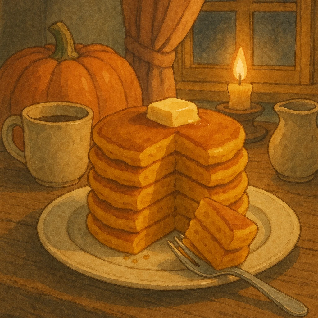 stack of pumpkin pancakes with a piece cut out, cozy emoji