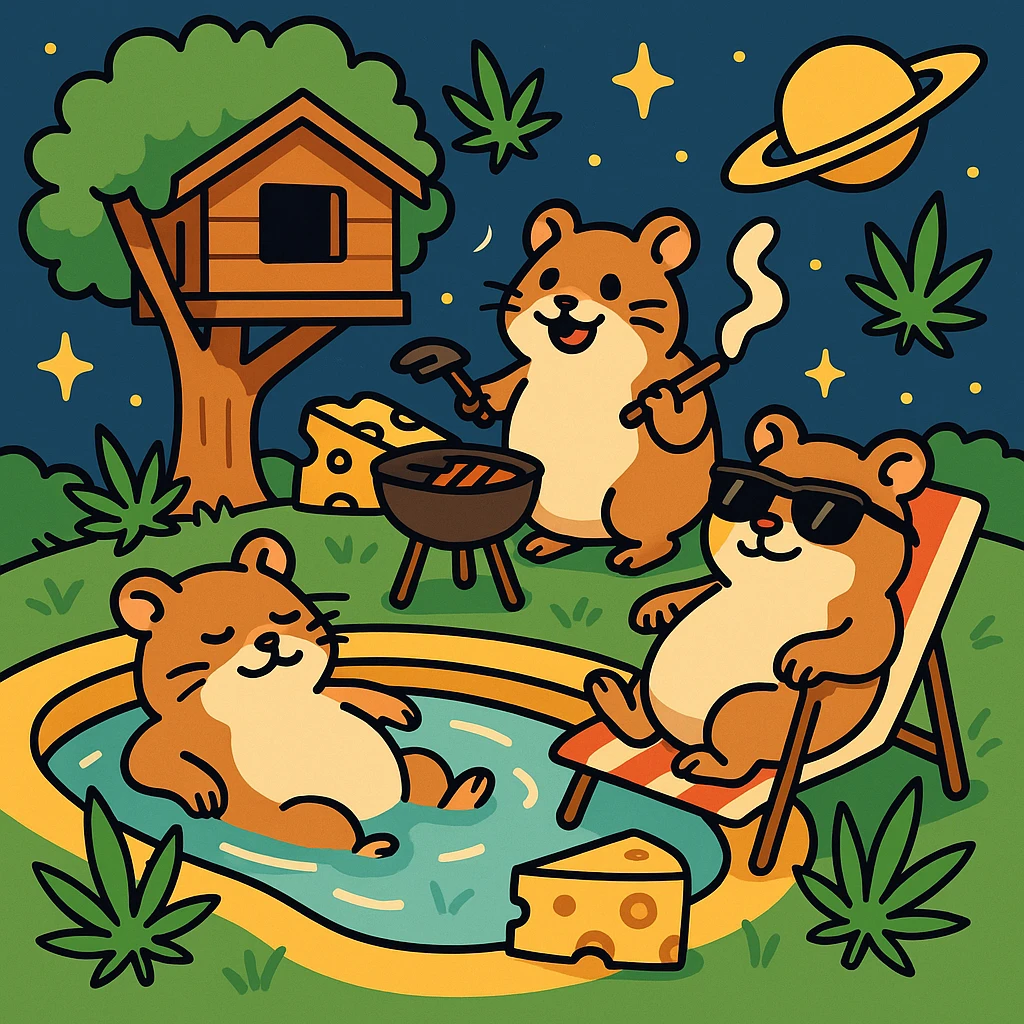 Discord server icon, square format, summer pool cookout with up to 3 hamsters relaxing and having fun, weed leaves, cheese, THC theme, no disco ball, no Discord logo, near a treehouse, possibly in space, flat toon style, soft but colorful, bold outlines, nostalgic, fun, inviting, summer party vibe, clear composition emoji