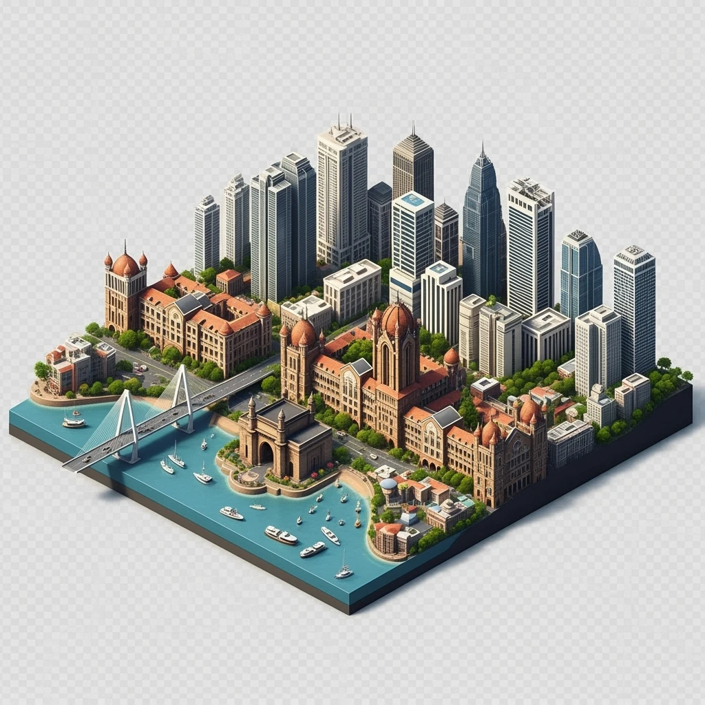Isometric miniature of Mumbai city, featuring iconic landmarks like Gateway of India, Bandra-Worli Sea Link, Chhatrapati Shivaji Terminus, and skyscrapers, 3D miniature effect and Tilt Shift effect, no cartoonish look, transparent background. emoji