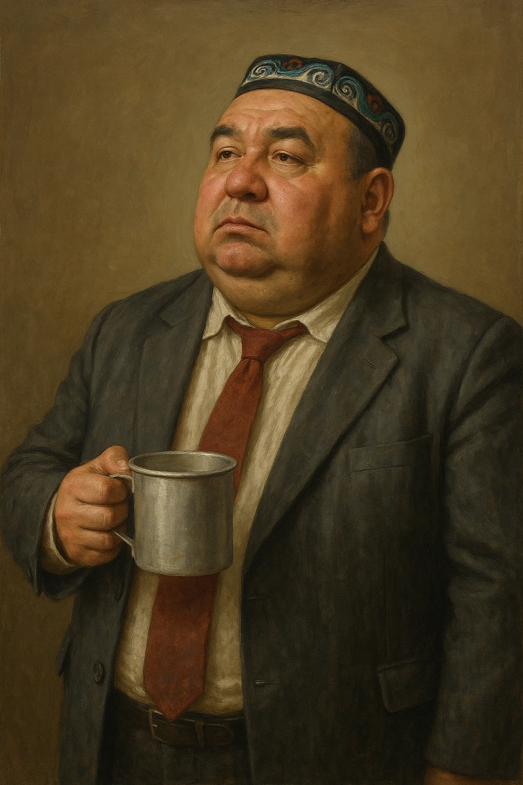 Сгенерируй мне с кружкой толстого чиновника в пиджаке и узбекской тюбитейке, он стоит как будто ждет что в кружку что то нальют, в стиле реалистичной живописи на однородном фоне. Кружка металическая советская emoji
