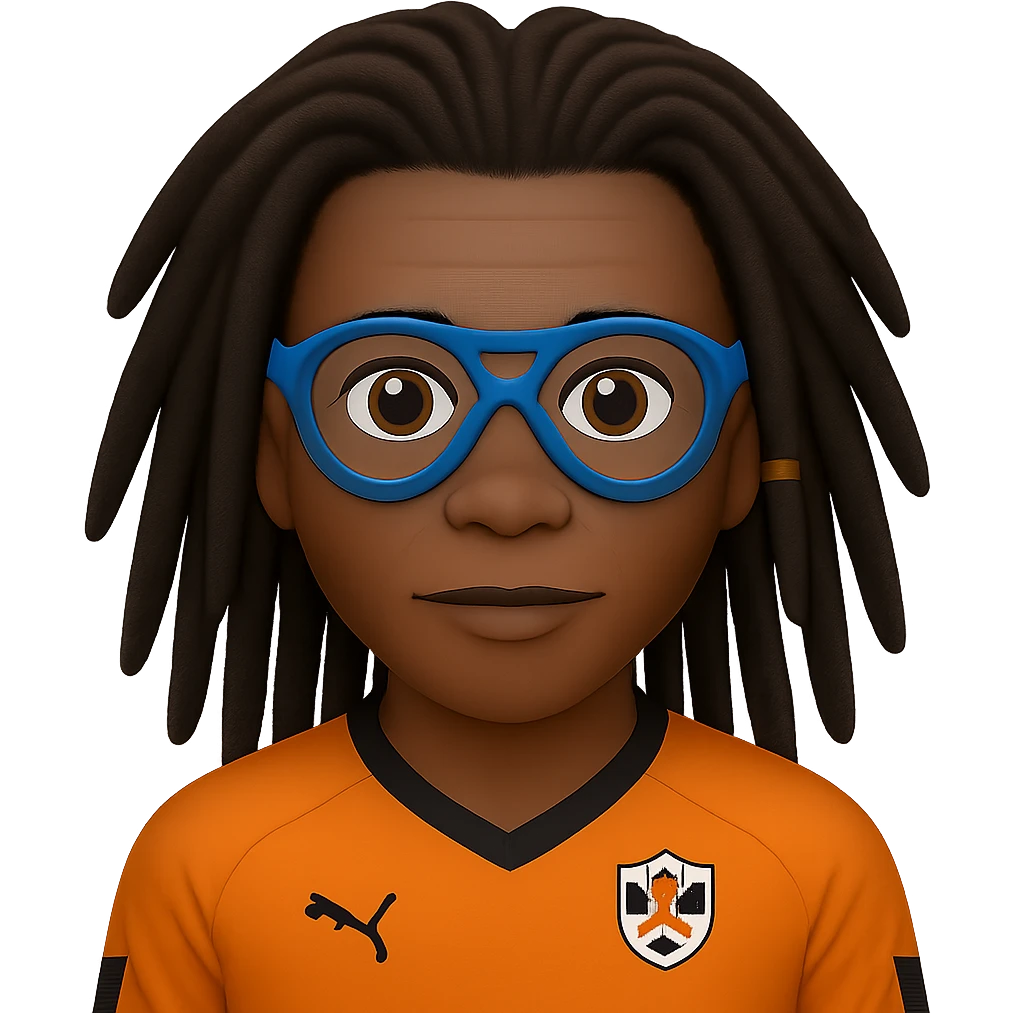Edit the image to make the hair darker and less spiky while keeping the signature dreadlocks and sports goggles. Change the blue elements in the Netherlands football shirt to black. Preserve the Apple emoji style and maintain a transparent background. emoji