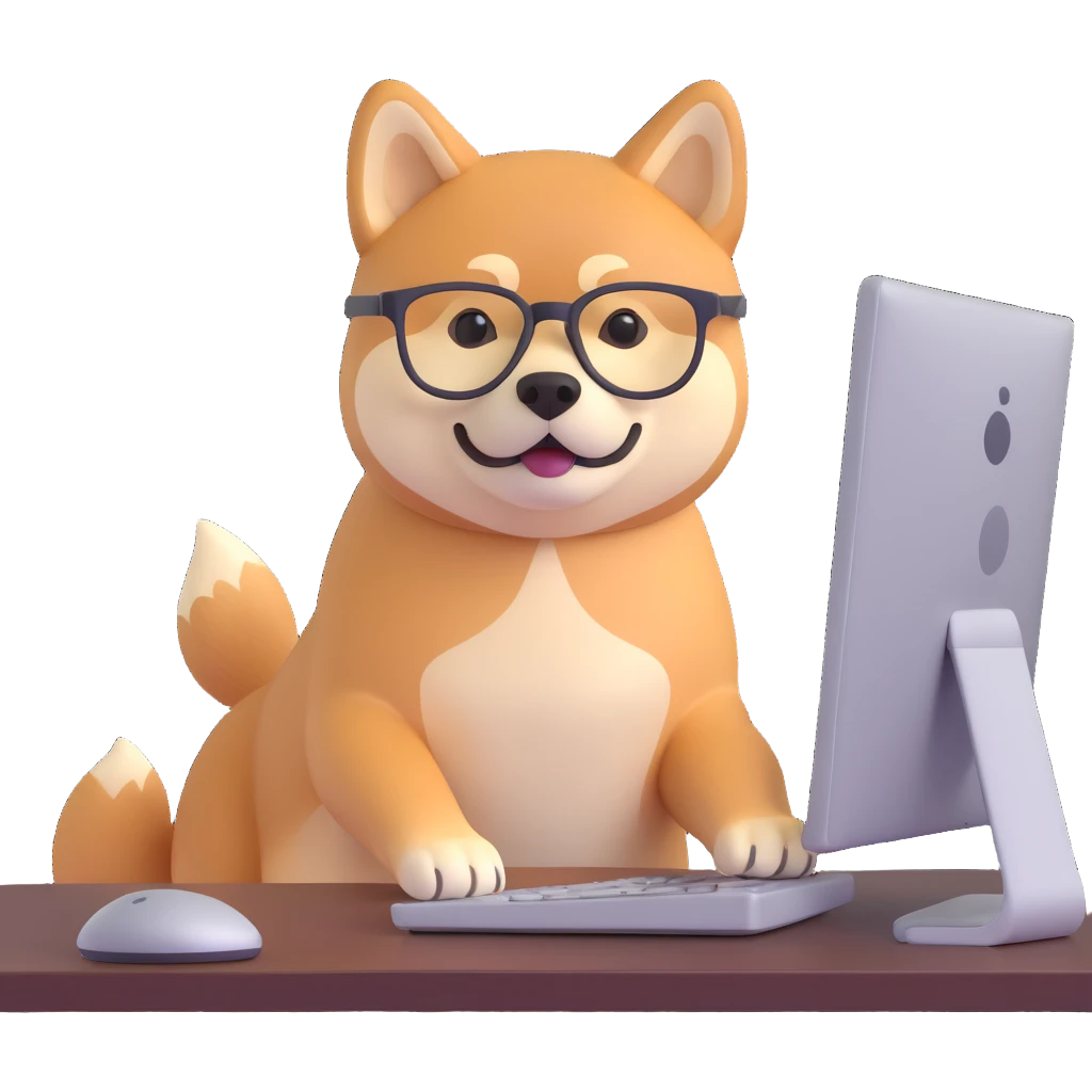 shiba inu with eye glasses and computer emoji