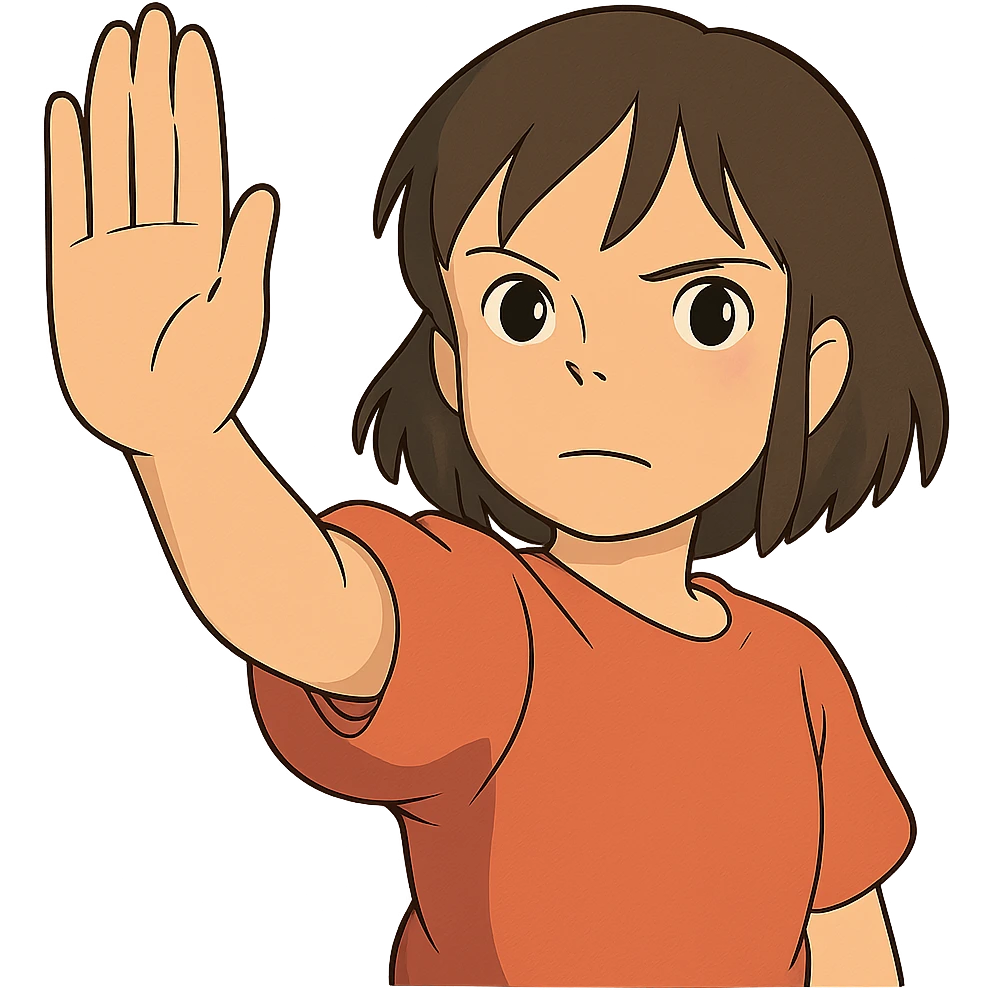ghibli style character with palm out, signaling 'stop' emoji