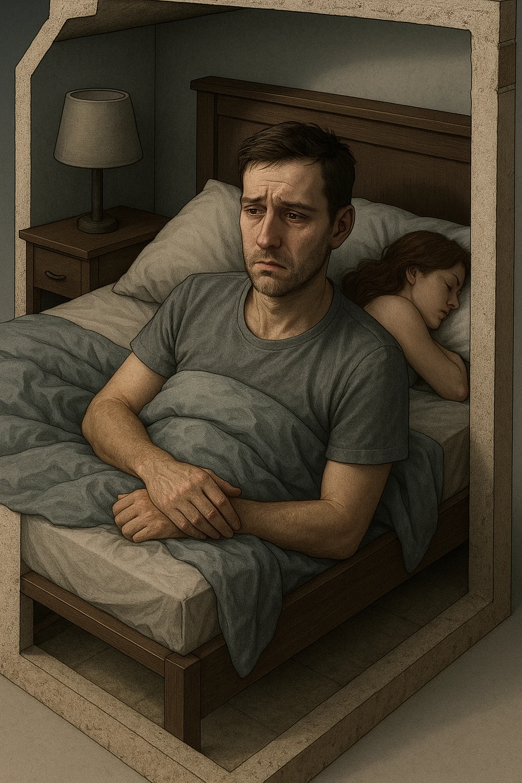 Vertical, hyper-realistic 3D cutaway illustration: uomo con difficoltà con la propria compagna nel letto, faccia depressa emoji