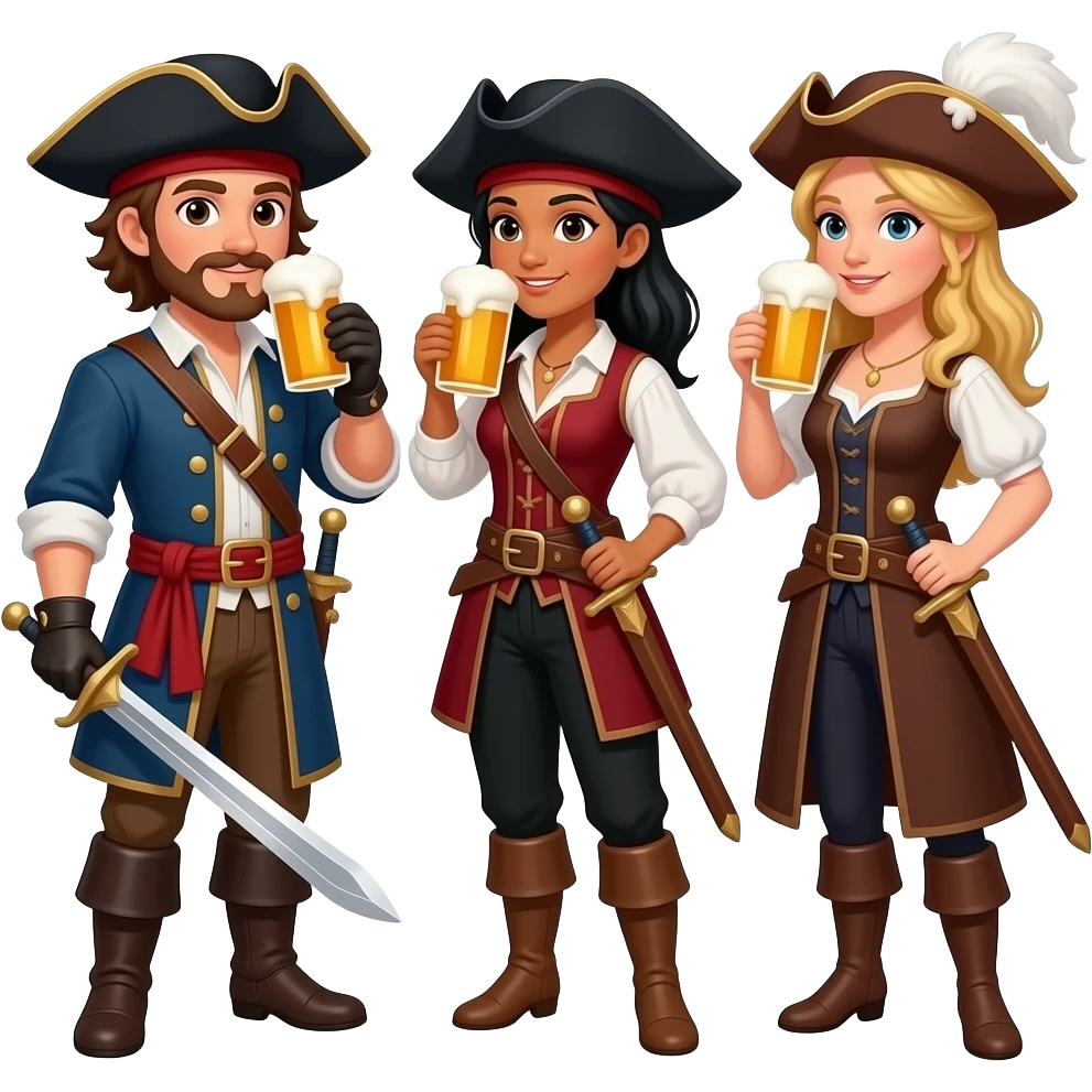 Three musketeers with swords and hats. One guy with brown hair and brown eyes, one girl with black hair and tanned skin and one girl with blond hair. You have to see them in full, and they're drinking beer. emoji