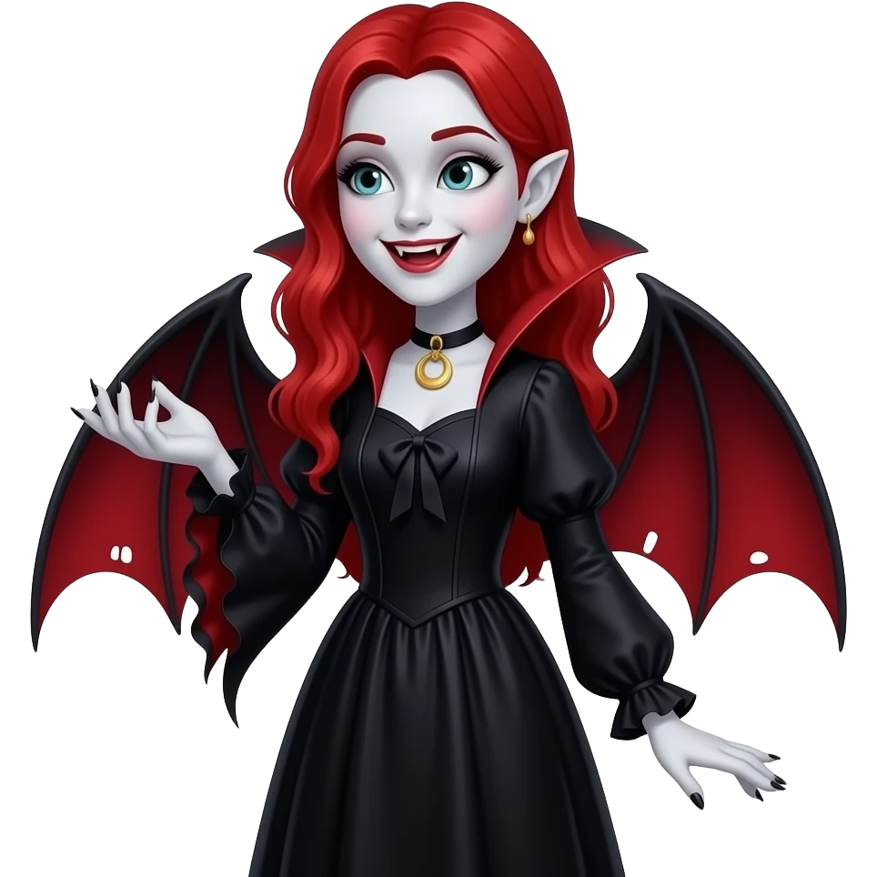 Vampiro femmina adolescente con la pelle bianca e i capelli rossi che indossa un vestito lungo nero e le maniche a zampa d' elefante e guarda la luna ed è felice emoji