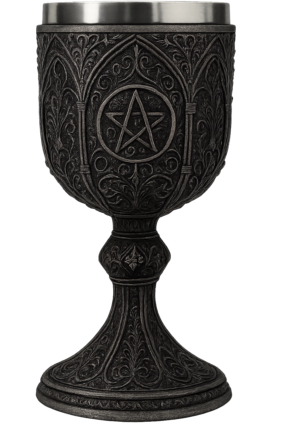 gothic ornate goblet, black with silver accents, no background emoji