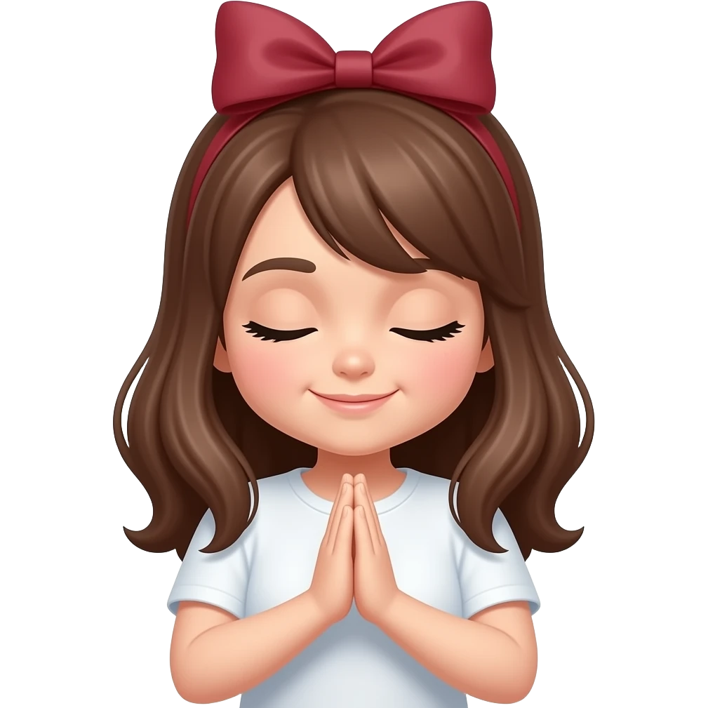 Girl with brown hair bowing and leaning forward with prayer hands emoji