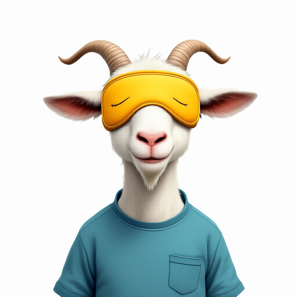 a goat with yellow sleep mask and wearing shirt, front view,  Frontal Top-Down Soft Light, white background, portrait, casual cartoon stylized emoji