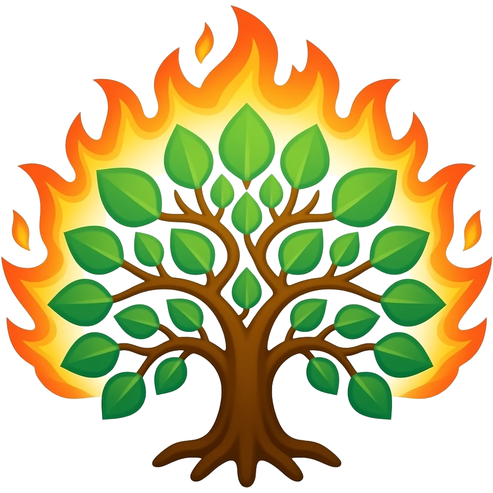 Tree of Life emblem, ancient symbol with a few green leaves and with surrounding fire blazing up on top half emoji