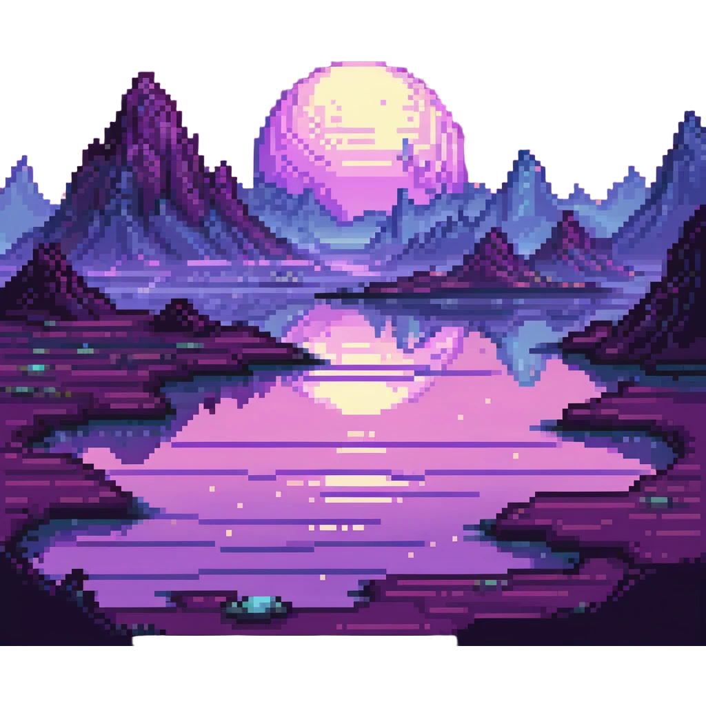 Alien planet with purple sky and glowing rivers in pixel art style. emoji