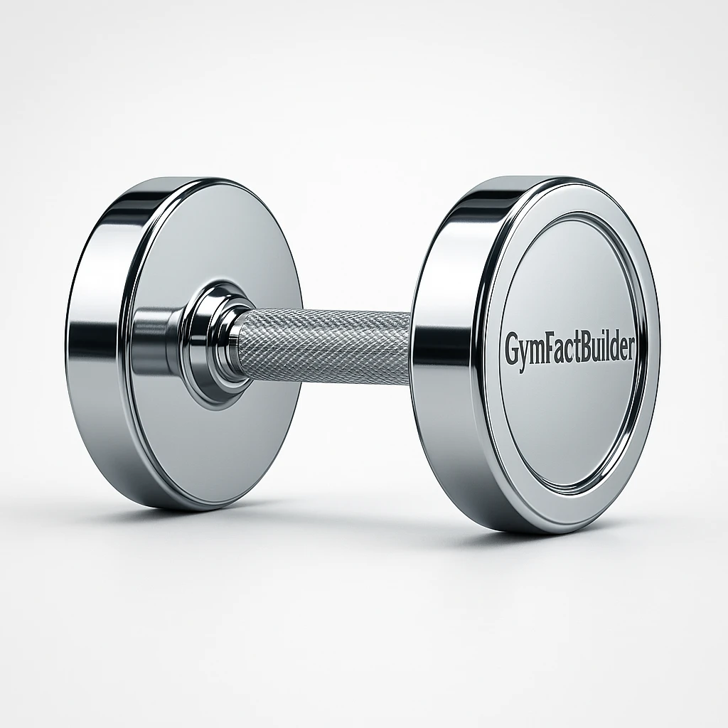 a sleek, metallic 3D style dumbbell featuring the text 'GymFactBuilder' emoji