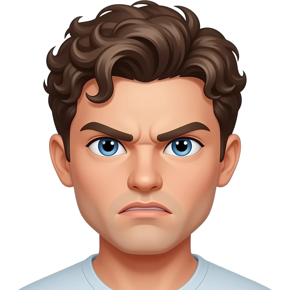 pretty bratz man, short curly brown hair, blue eyes, pale skin, defined jawline. Angry face emoji