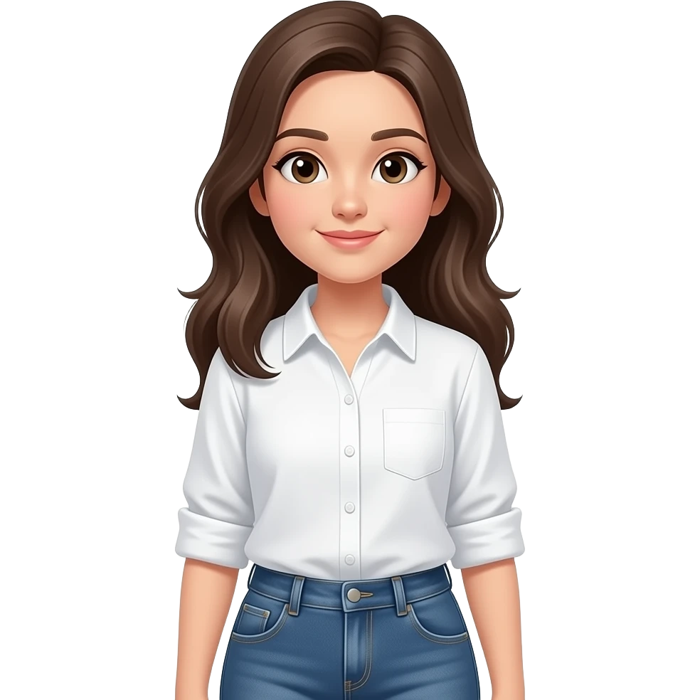 A girl is standing wearing a white shirt and jeans. emoji