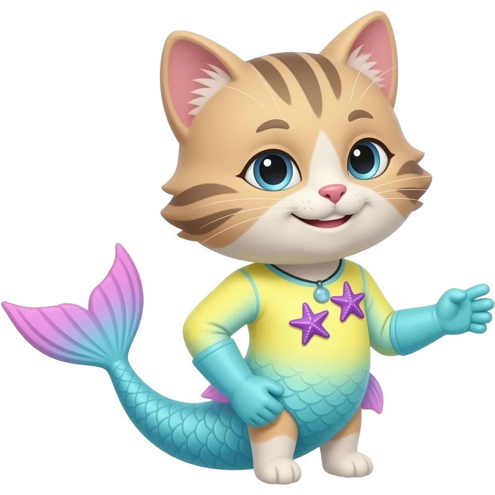 femboy anthro cat  happy light blue  mermaid tail with pink fins and long light blue gloves  yellow  light blue long sleeve swimsuit  with two purple starfish on his chest emoji