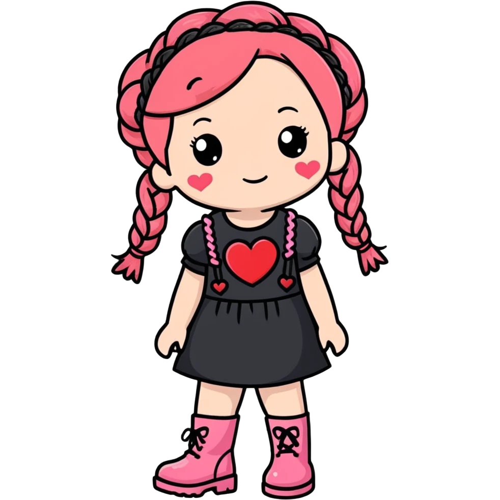 🥼👓 (👗🖤 + 🩷♥️)(👢🩷)(👩🏻‍🦰 + braids + kid)(Hair clip + ♥️) emoji