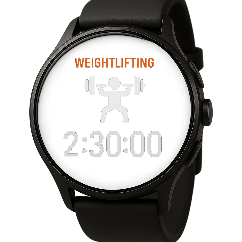 smartwatch con modalità attiva di pesi che segna 2 ore e mezza di palestra, REALISTICA 4K emoji