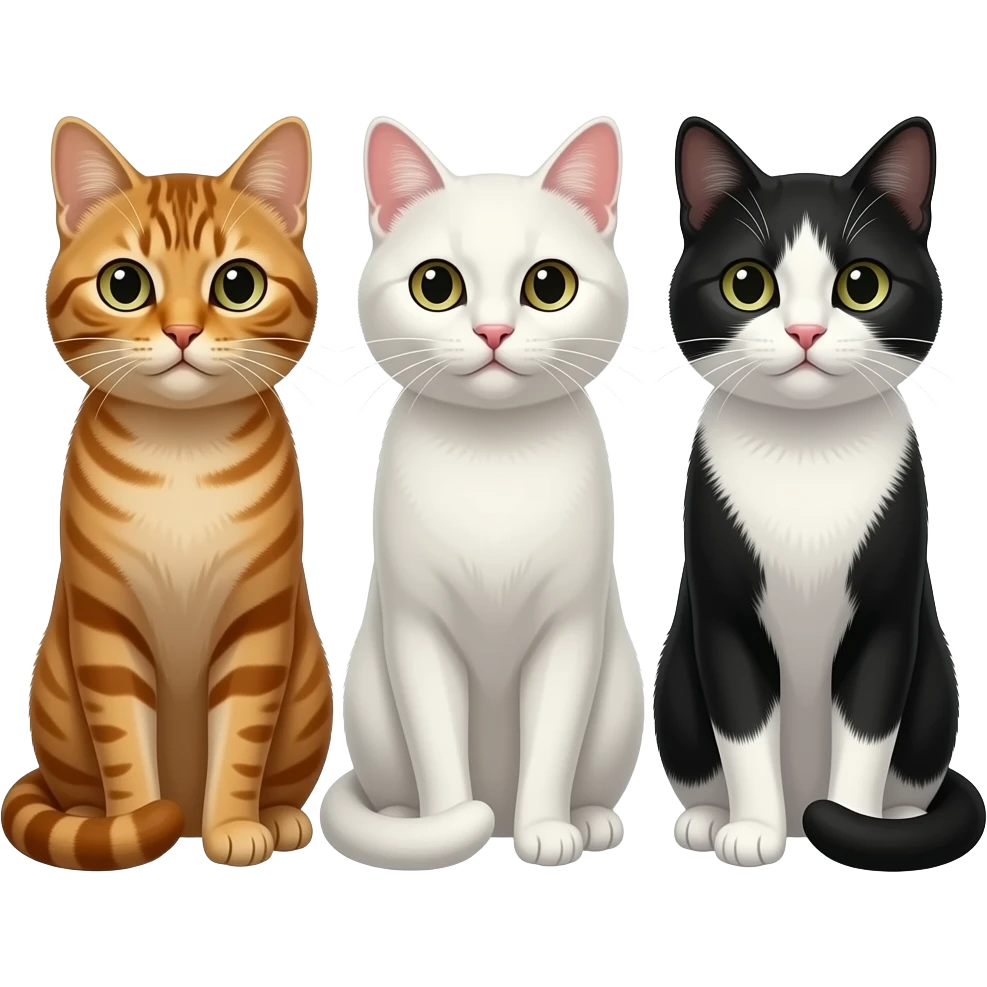 three cats (one brown, one white and other black and white) being in nature emoji