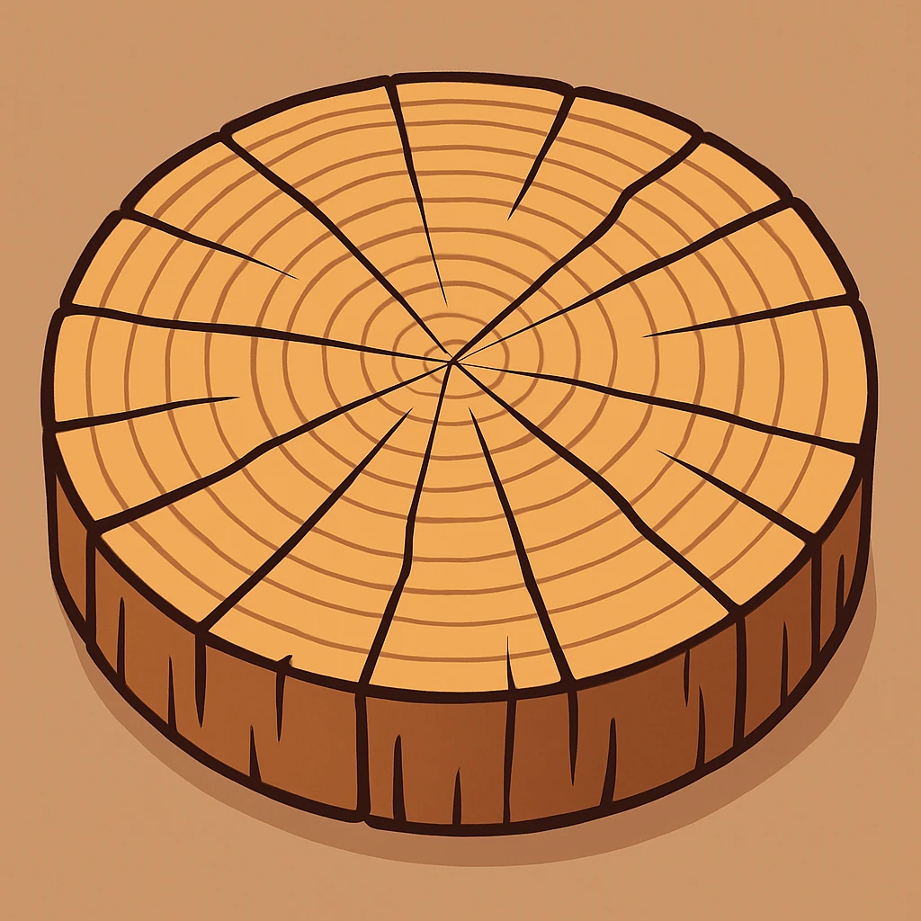 Create a top view of this tree stump in the same cartoon style as the fourth image, with the same wood pattern and color. Variant 3. emoji