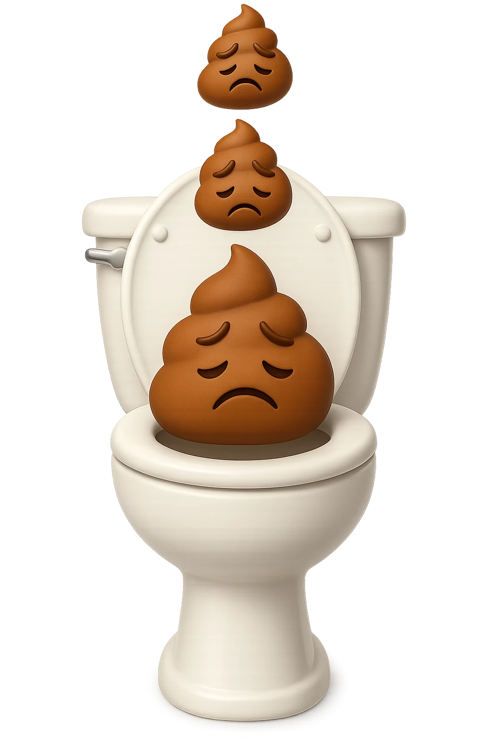 EMOJI STILE IPHONE 3D DI un water con palline di cacca tristi che cadono dall'alto verticalmente, iperrealistico 4k emoji