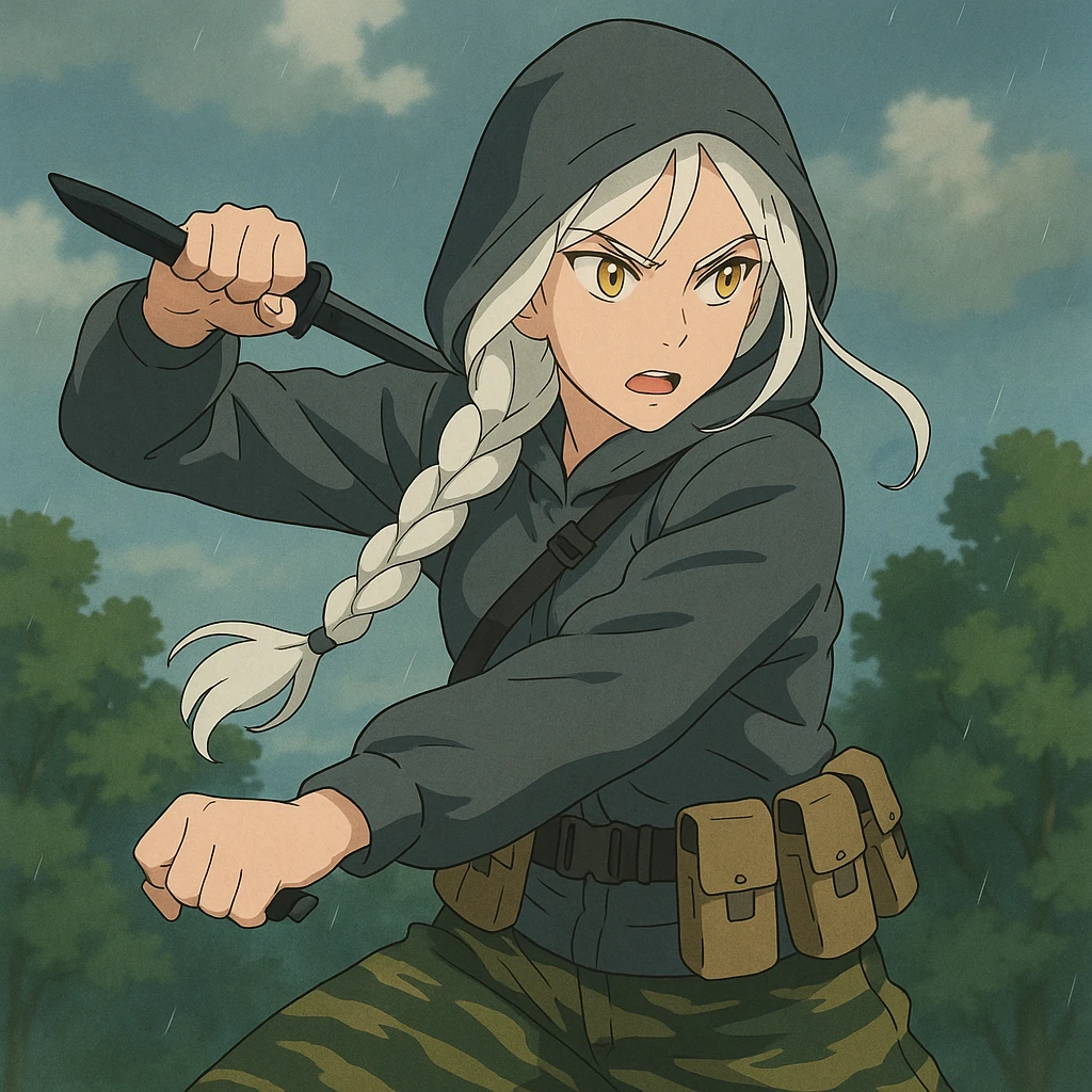 1 female, mid-20's  white hair long braid, gold yellow eyes, gray rainproof hoodie, hood up, single point sling, tan mag pouches on belt rig, tiger stripe camo pants, holding a combat blade, striking, swing emoji