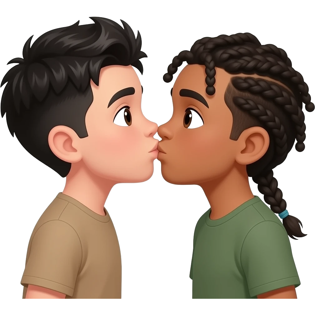 Tan white boy with black middle part hair kissing mixed boy with braids emoji