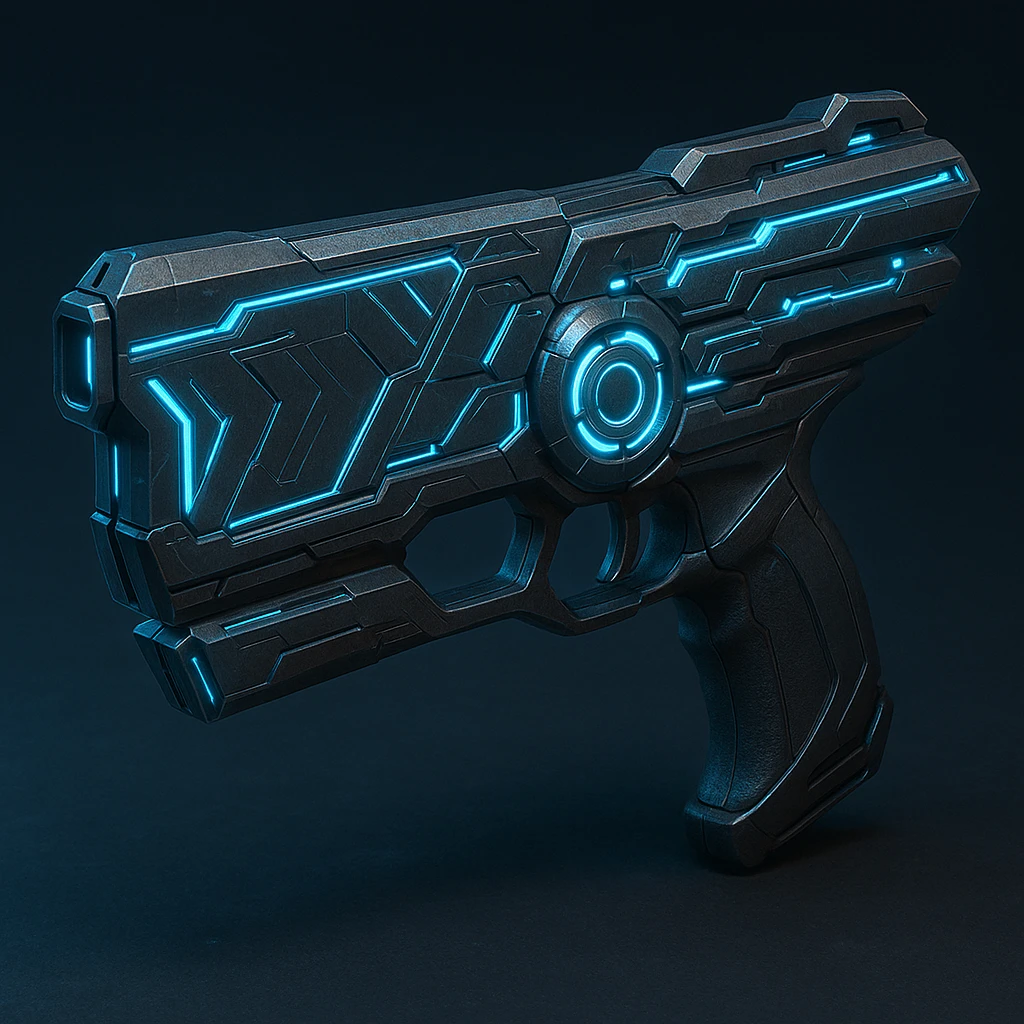 a futuristic gun inspired by the Dominator from Psycho-Pass, detailed, sci-fi weapon, glowing blue accents, sleek and high-tech design emoji