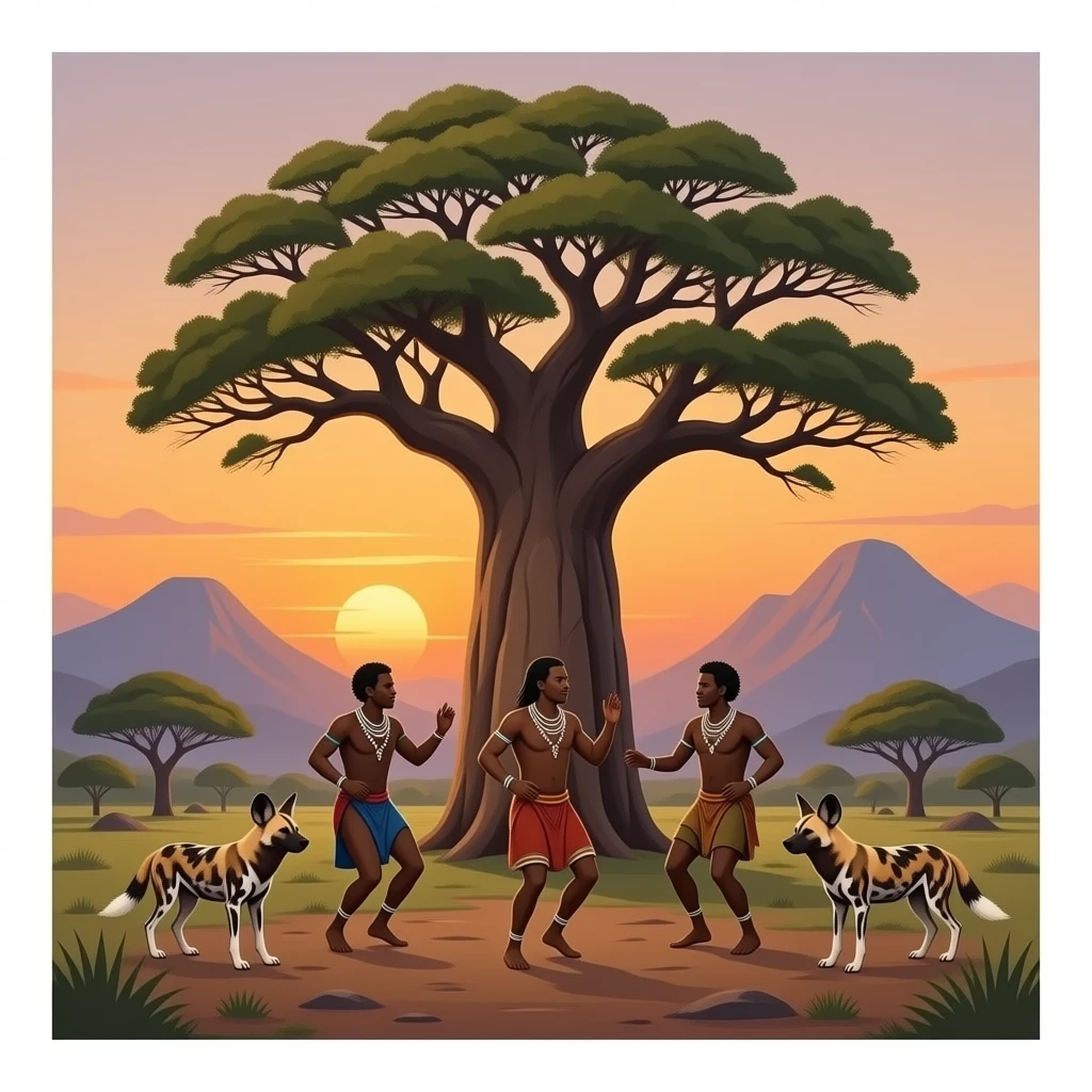 big Boabab tree bushmen dancing story tellers "pack of african wild dogs) mountain sillouette sunset watching through God's Window emoji