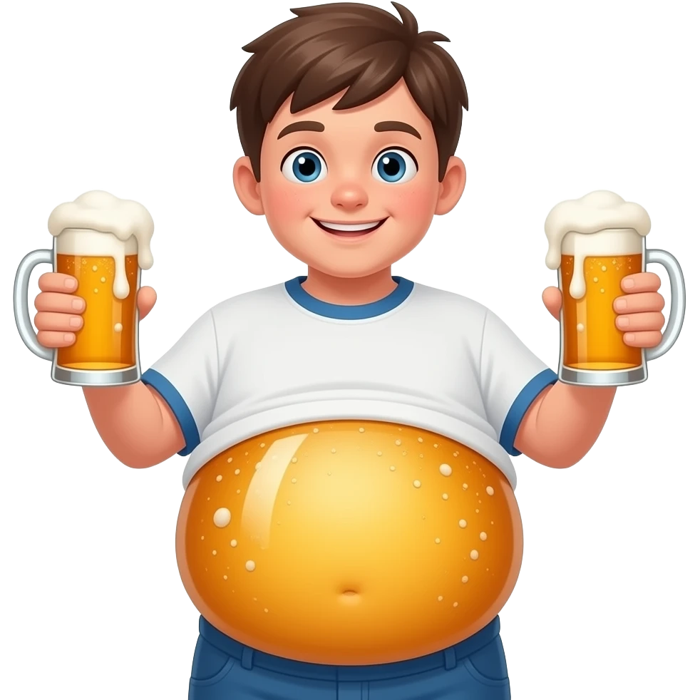 Zrób chłopak 12 latek z piwny brzuchem🫄🏼 brzuch ma kształt jak piłka + twarty brzuch + bardzo ogromny brzuch i trzyma oba piwa 🍻 emoji
