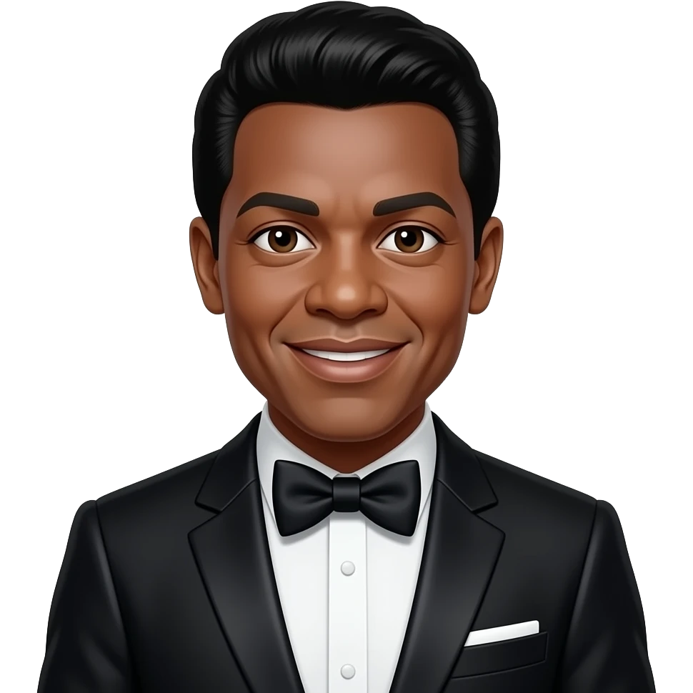 Jackie Wilson with dark brown eyes, black 50s boogie hair, black metallic suit with bow tie emoji