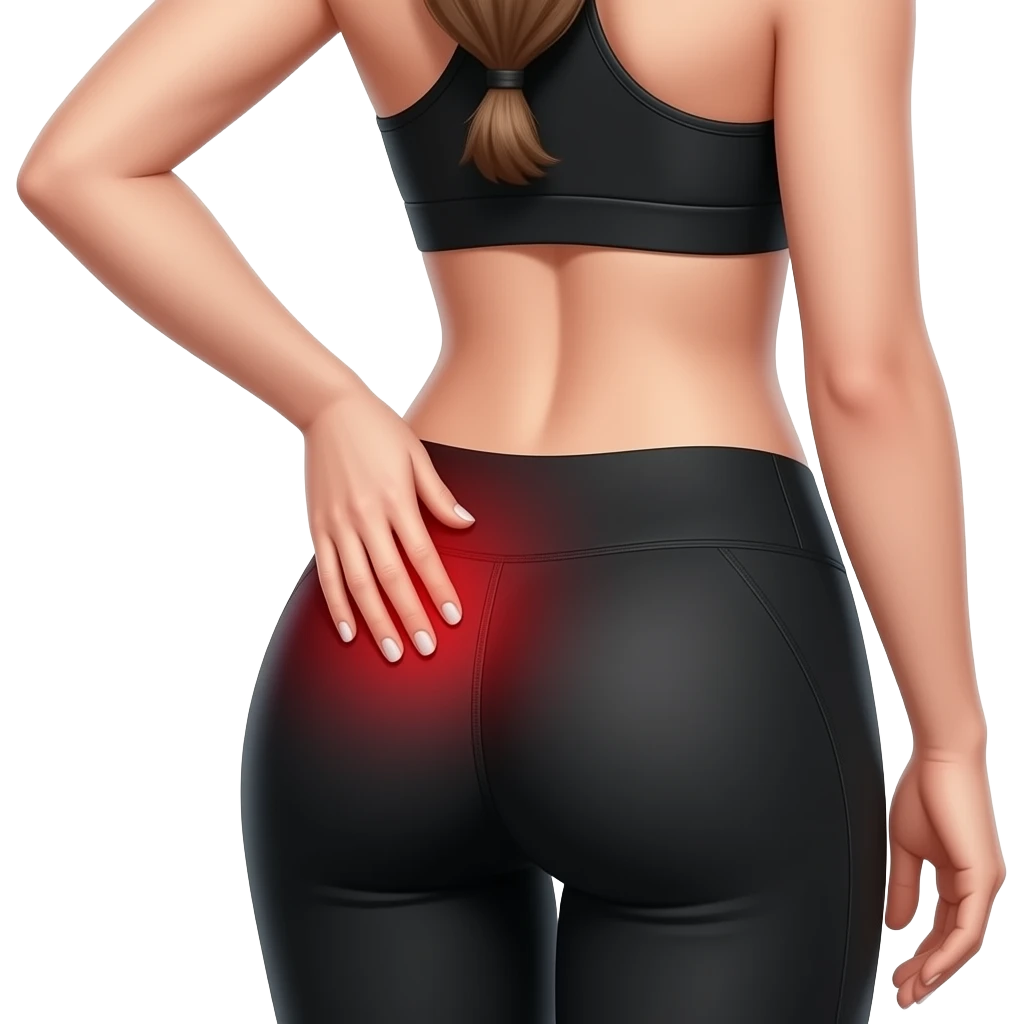 glute pain, red glow on glutes, side pose, woman touching hip and glute area, fair-skinned woman, gray-blue eyes, ash brown brows, ash light brown hair tied back, slim athletic body, black workout set emoji