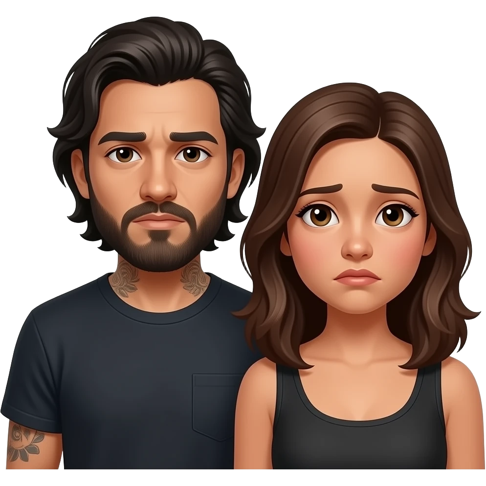 Latino couple man has a beard, medium hair and tattoos and his wife is beautiful with hazel eyes and shoulder length brown hair and their relationship is broken emoji