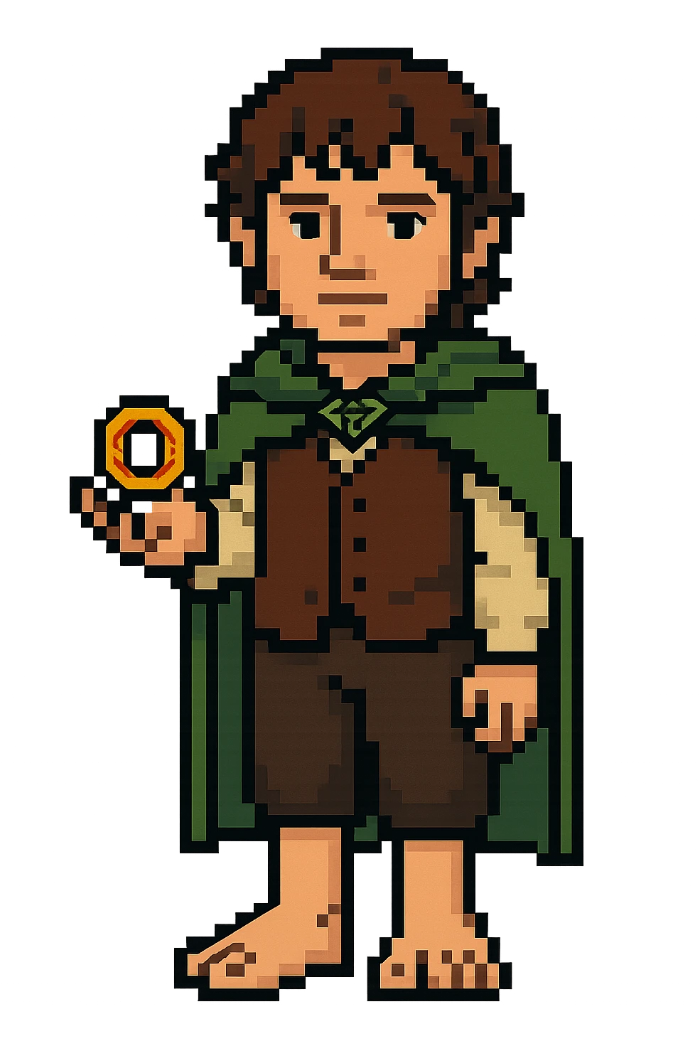 Whole body image of Frodo Baggins from the lord of the rings movie in pixel art style. Make Frodo look like the actor that portrayed him in the movie, Elijah Wood. Frodo is wearing the same green elven cloak with the leaf buckle, brown vest, cream undershirt, dark brown leather short pants, and hairy hobbit feet. He is holding the one ring in the palm of his outstretched hand. the ring is golden yellow with red elven inscription. emoji