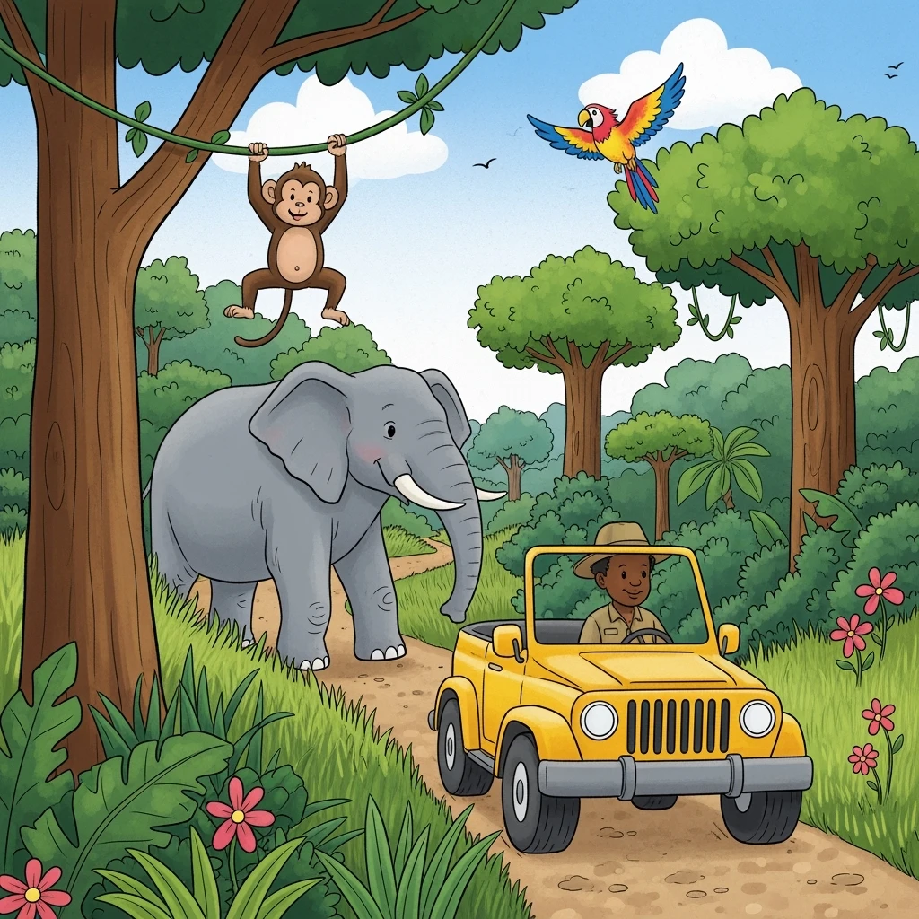 hand drawn digital illustration of jungle safari in the style of children's illustration emoji