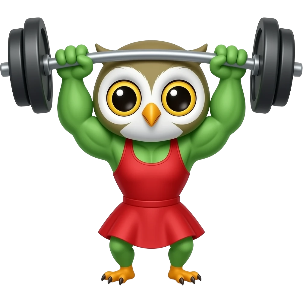 Cartoon cute tiny Baby owl Body building Green skin Wight lifting backwards Red dress emoji